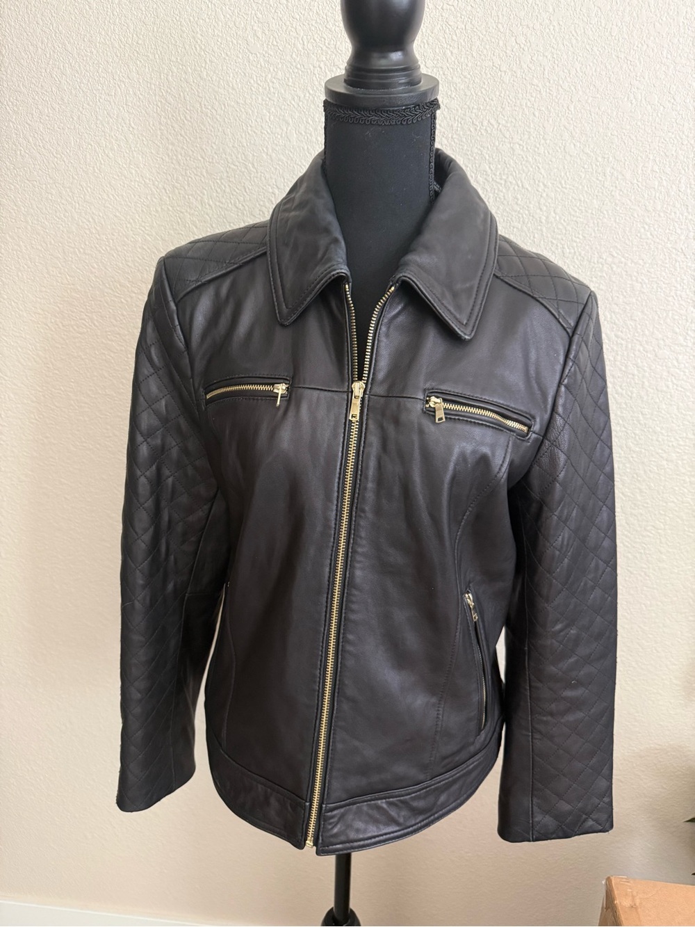 Cole Haan Black Quilted Leather Zip Jacket with Gold Zippers